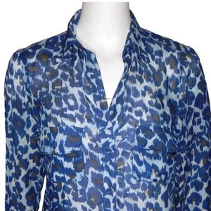 Gerard Darel Sheer Shirt Dress Size 38 US 6 Blue Leopard Print Tunic Cotton Silk